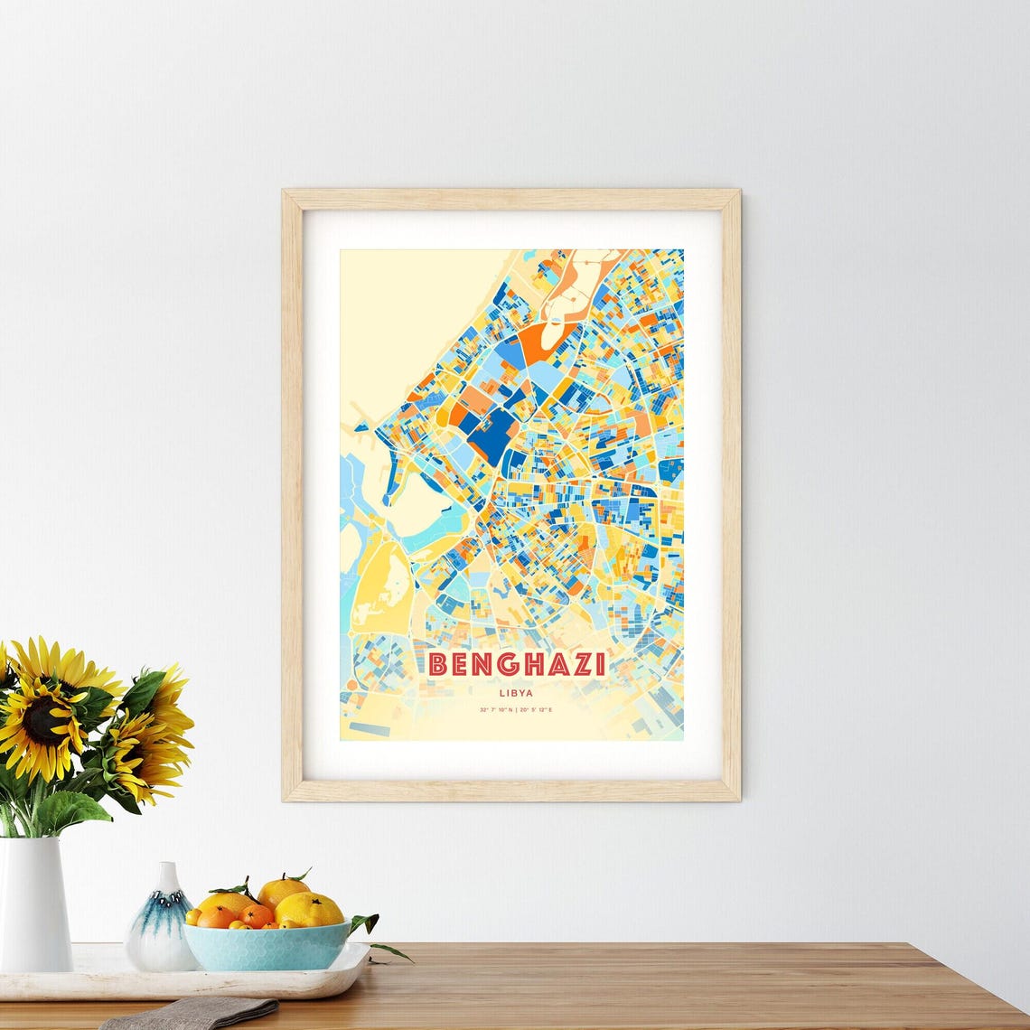 Benghazi Libya City Street Map Art Poster Blue Orange Coordinates - Image 2