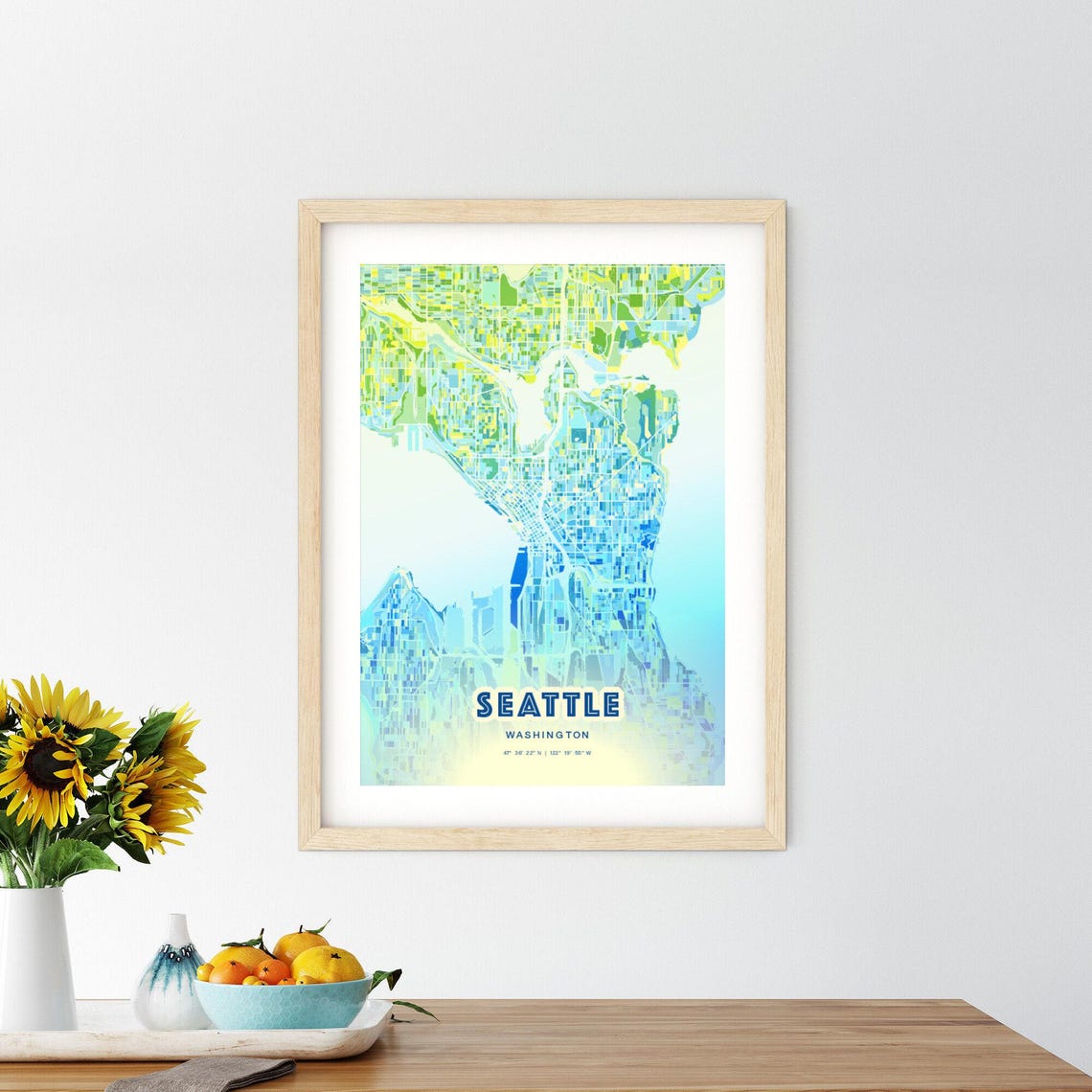 Seattle Washington Modern Bluish City Street Map Decor Art Poster - Image 3