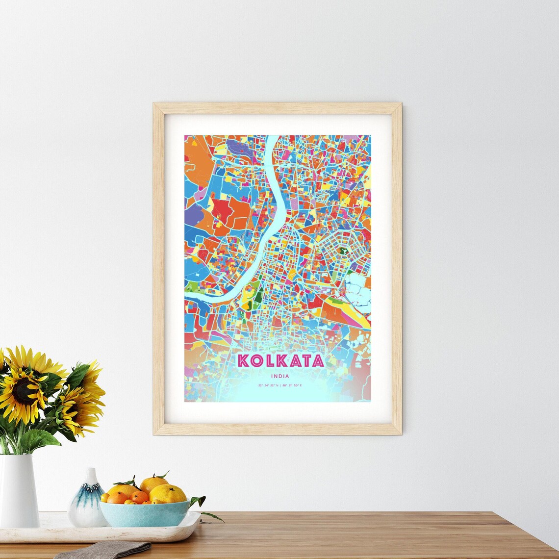 Kolkata India Colorful City Map Art Poster in Pink and Turquoise - Image 2