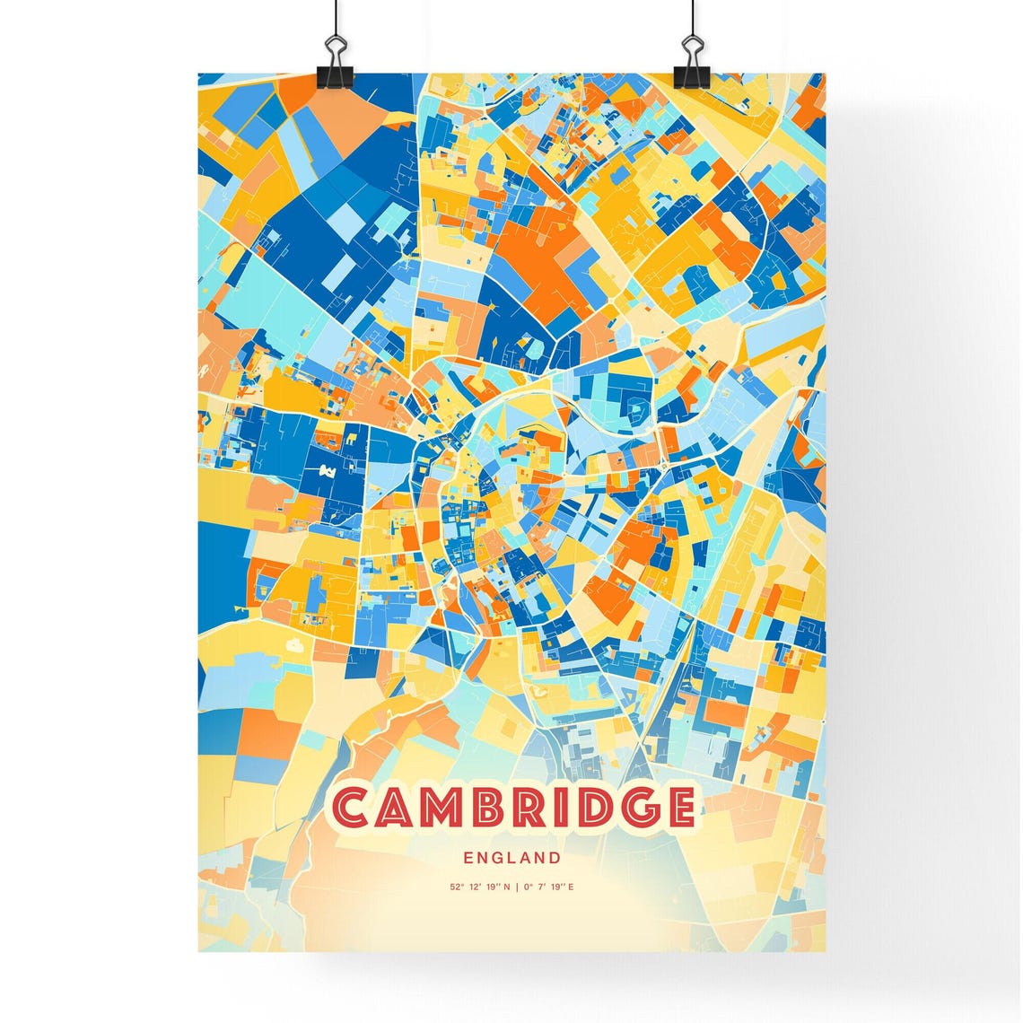 Cambridge England Vibrant Blue Orange Mosaic City Map Poster - Image 3
