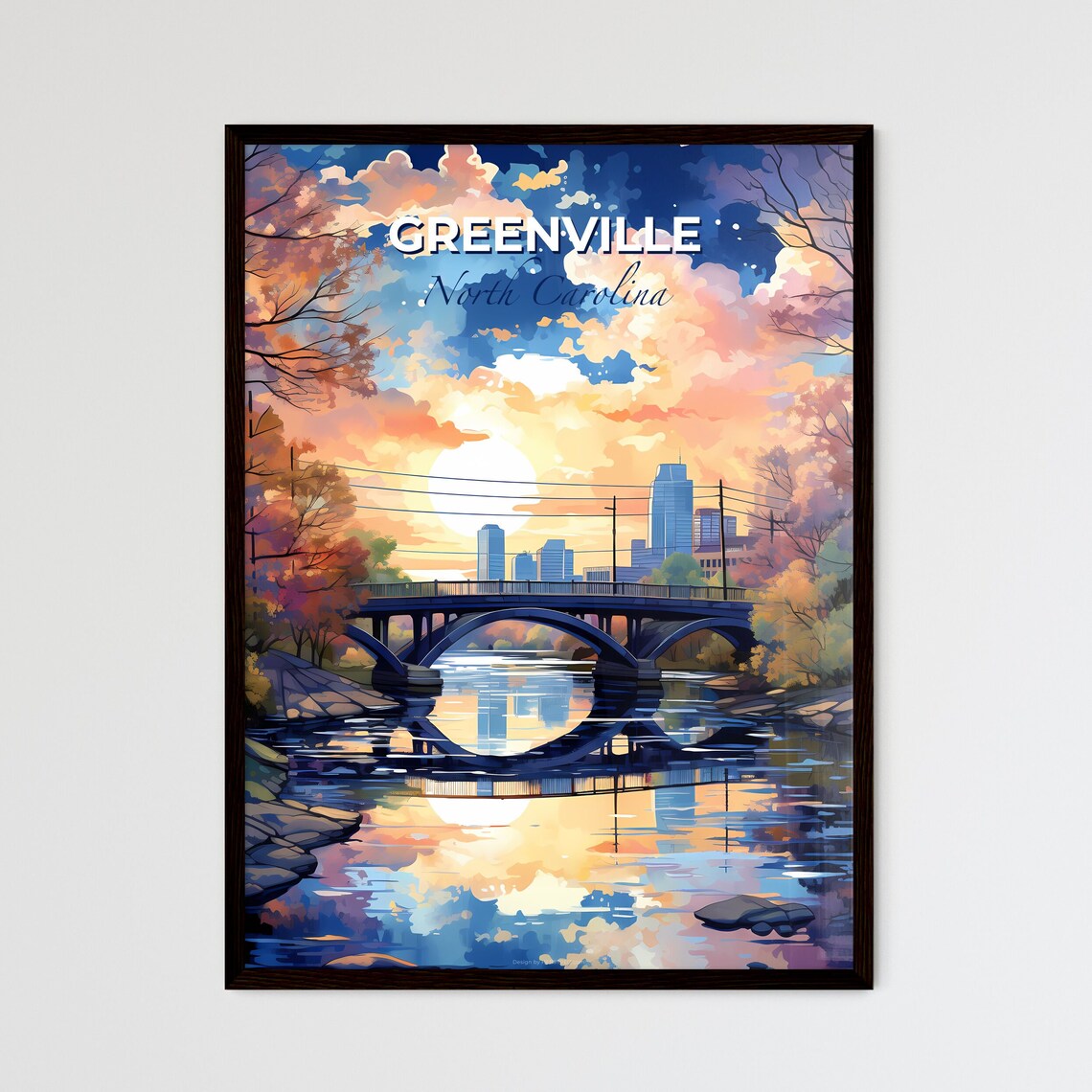 Greenville North Carolina River Bridge Autumn Sunset Travel Poster