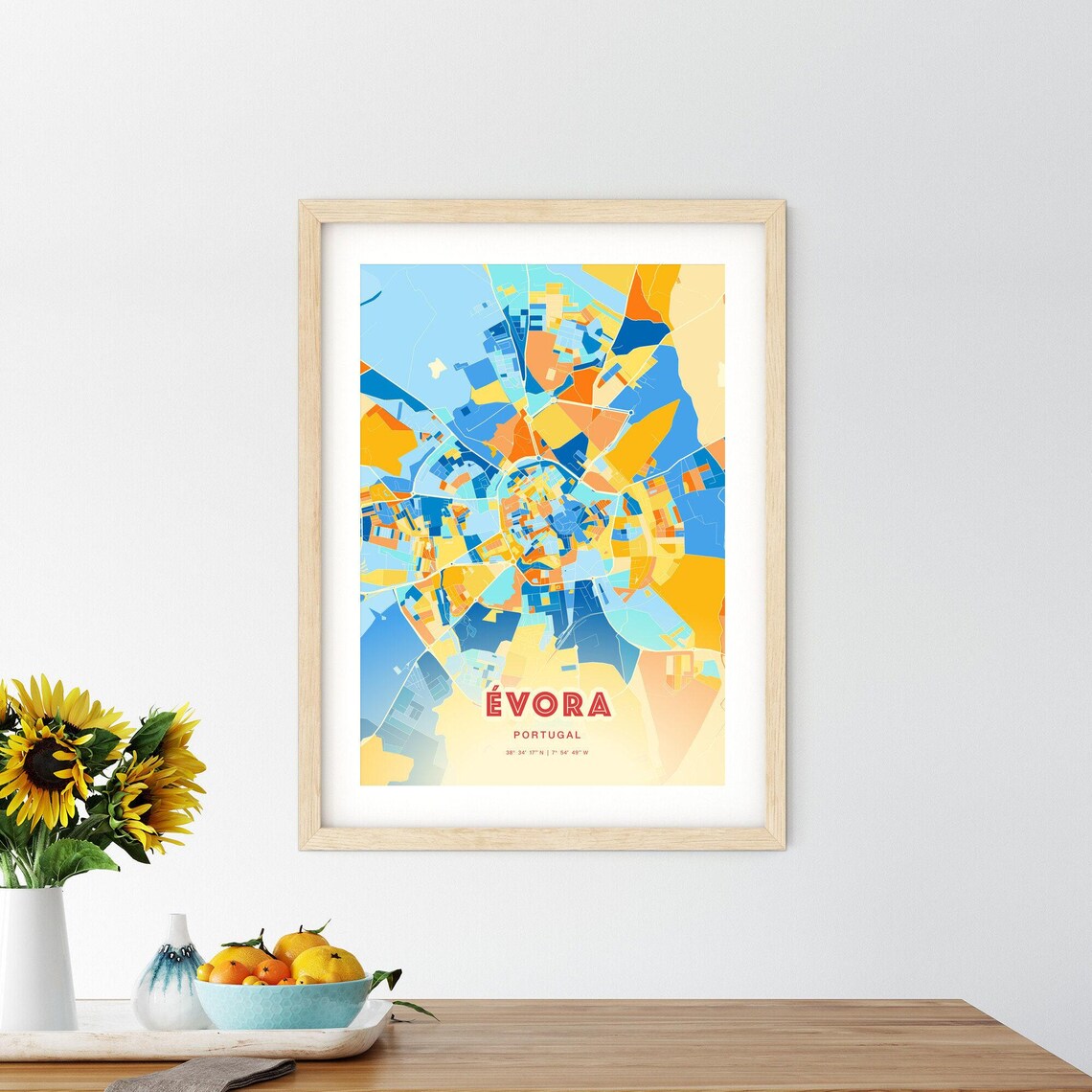 Evora Portugal Colorful Blue Orange Historic City Map Art Print - Image 2