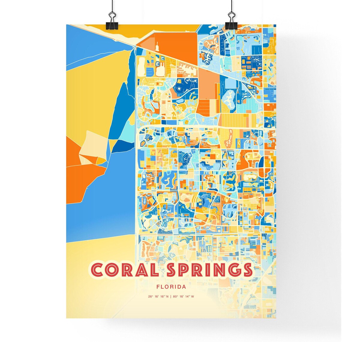Coral Springs Florida Colorful City Map Blue Orange Art Poster - Image 3