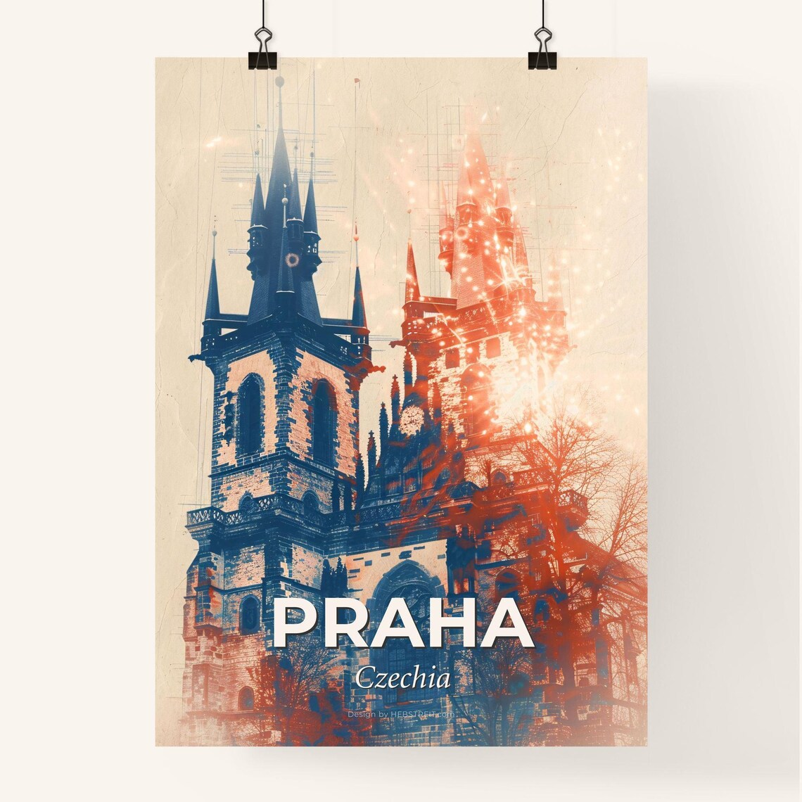 Praha Czechia Gothic Church Twin Towers Red Blue City Art Poster - Image 4