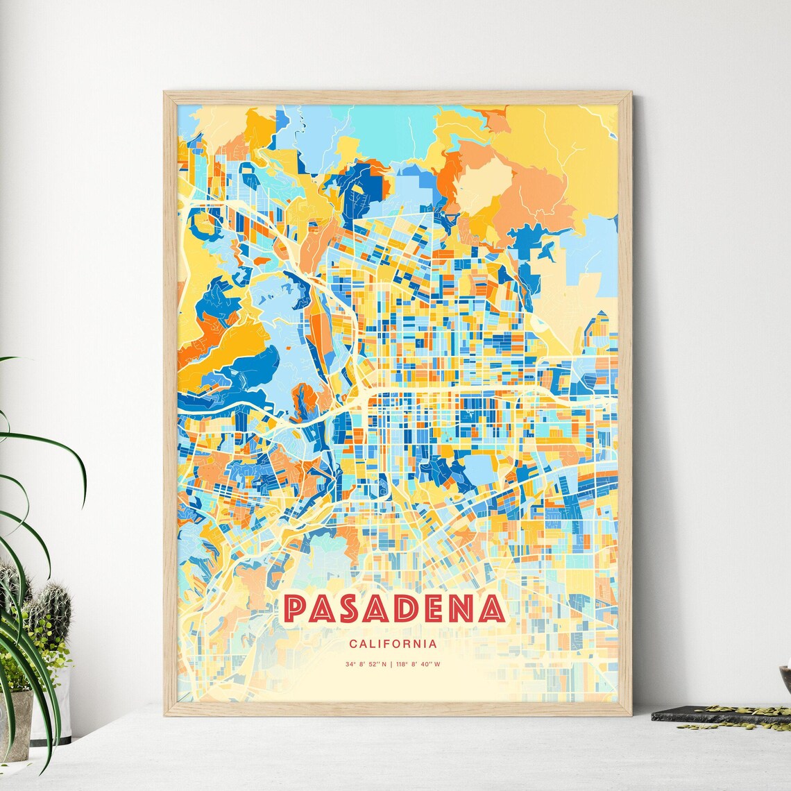 Pasadena California Colorful City Map Art Poster Blue And Orange Grid Design