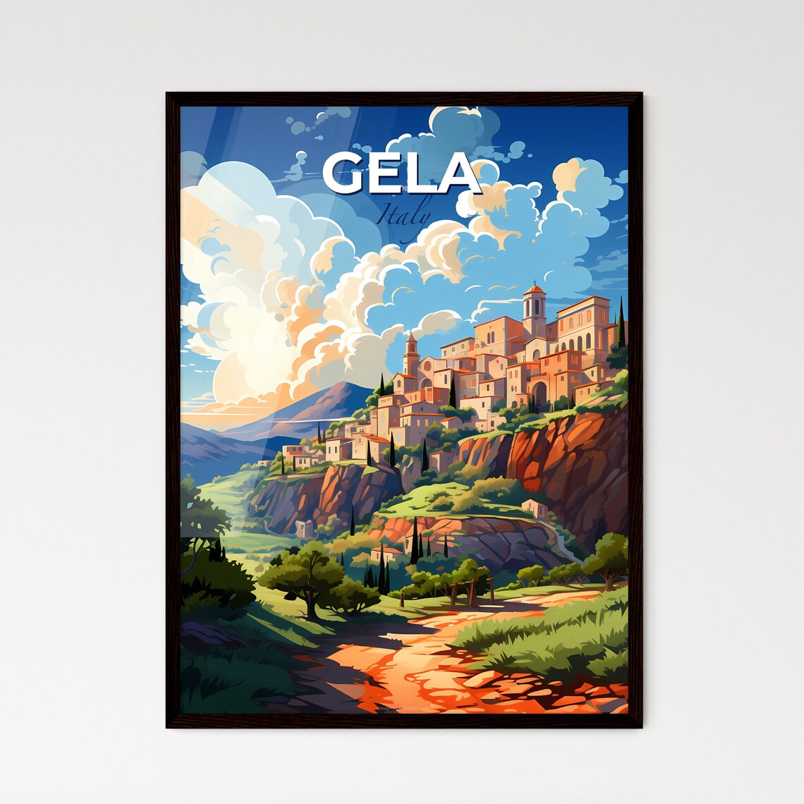 Gela Italy Hilltop Old Town Cliffside Village Vintage Travel Poster