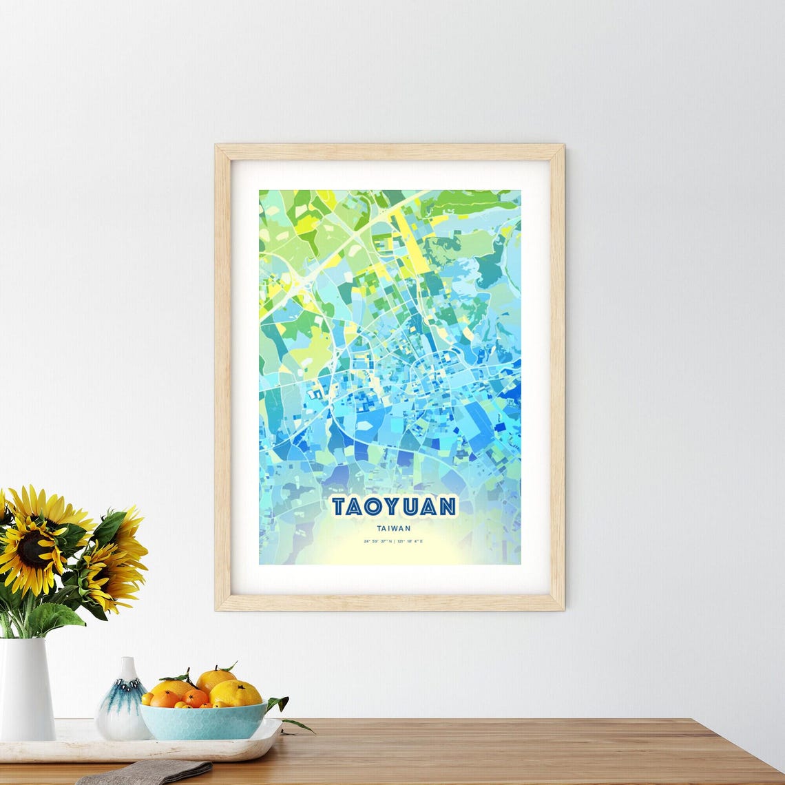 Taoyuan Taiwan Pastel Blue City Map Art with Coordinates Poster - Image 2