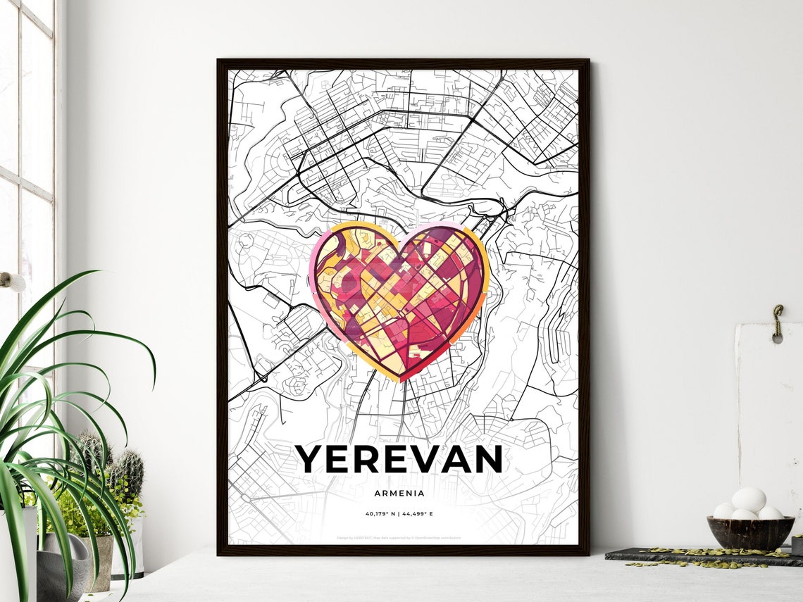 Yerevan Armenia Monochrome Map Red Heart Modern Art Poster for Home