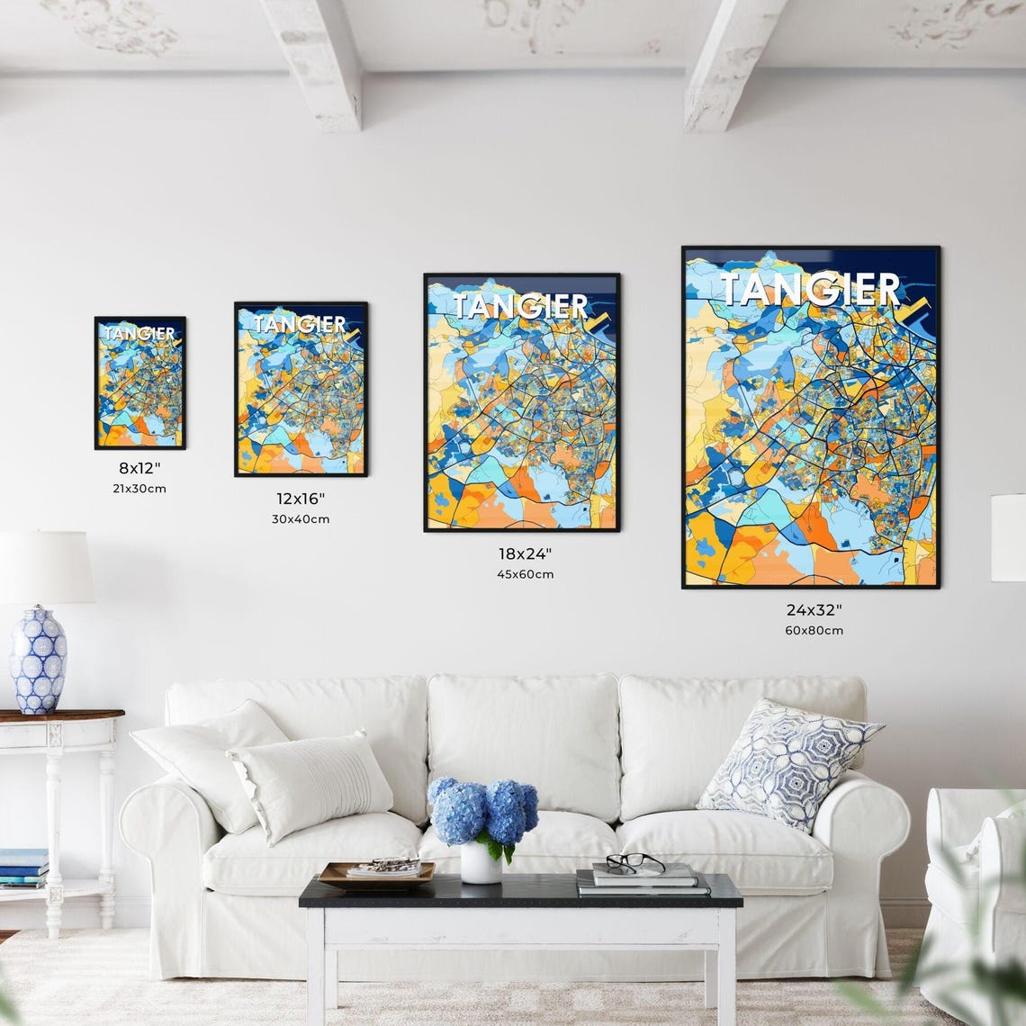 Tangier Morocco Bold Vibrant Blue Orange City Map Wall Decor Poster - Image 3
