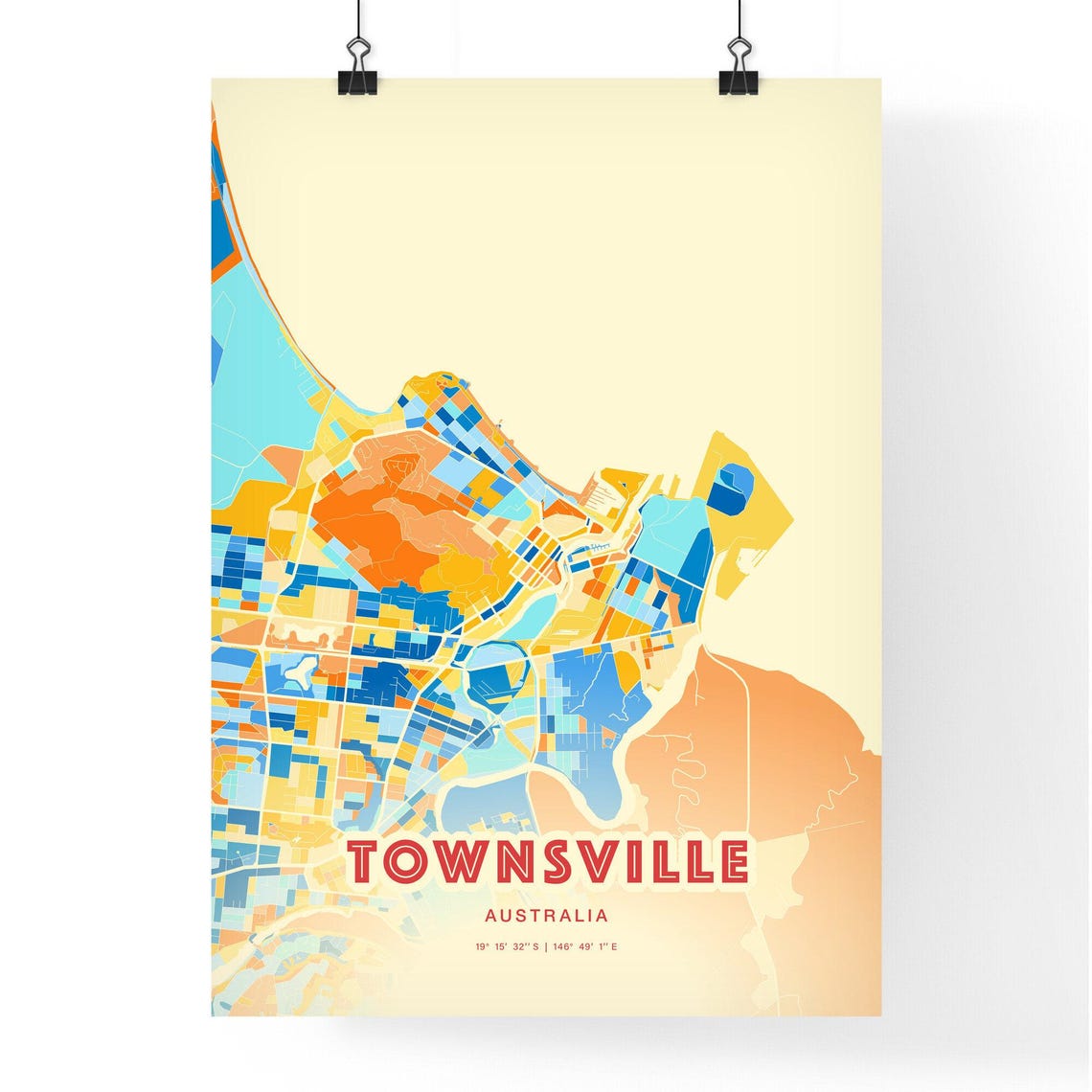 Vibrant Townsville Australia Blue Orange City Map Art Poster - Image 3