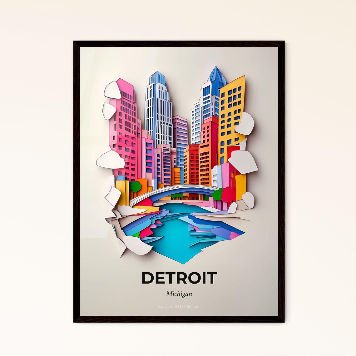 Detroit Michigan Colorful Paper Cut Skyline Bridge River Poster