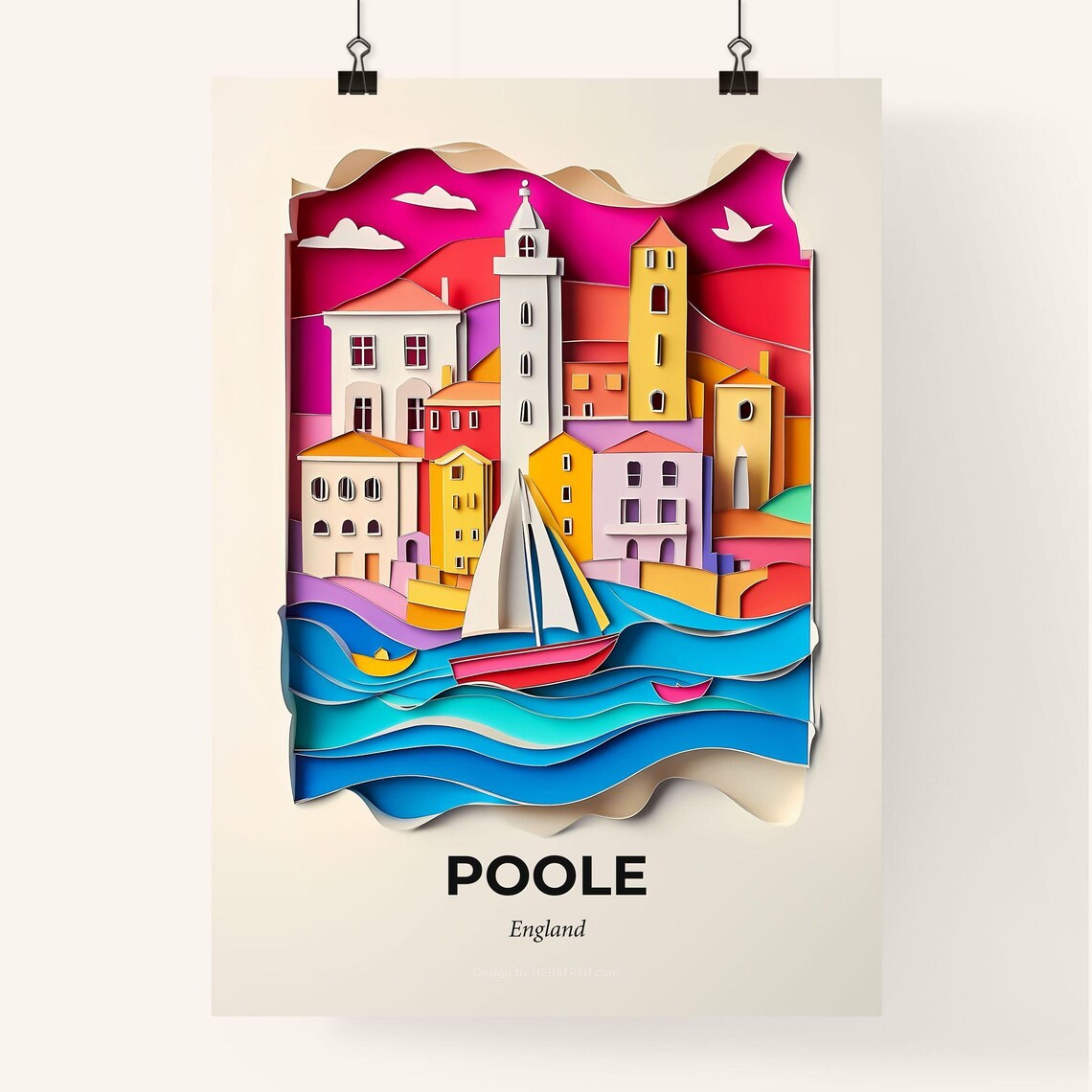 Poole England Sailboat Harbor Houses Paper Cut City Art Poster - Image 4