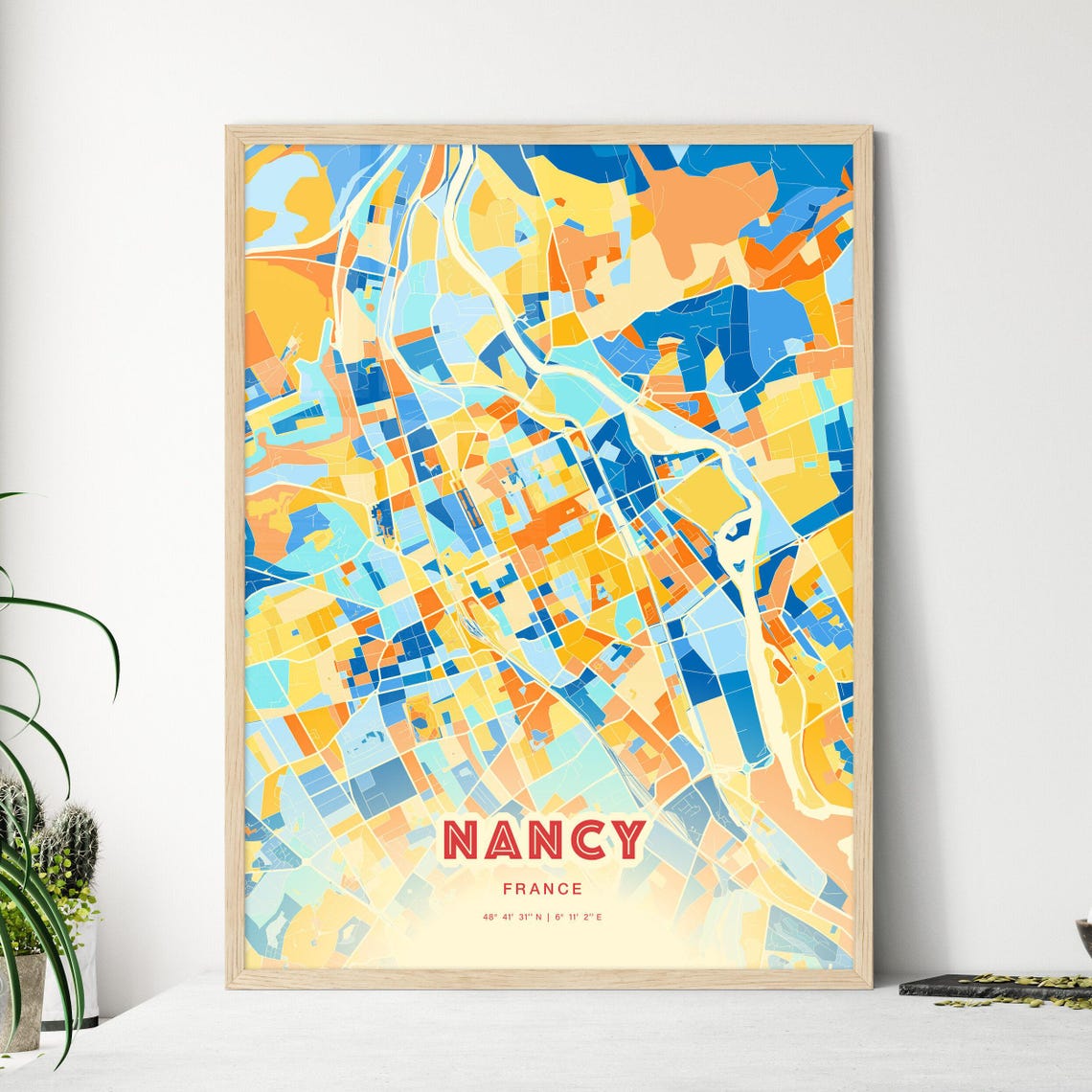 Nancy France Vibrant Colorful Blue Orange City Map Art Poster Decor