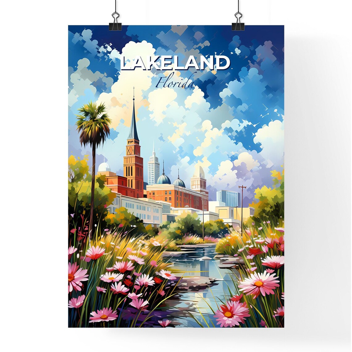Lakeland Florida Church Spire River Pink Daisy Garden Art Poster - Image 4
