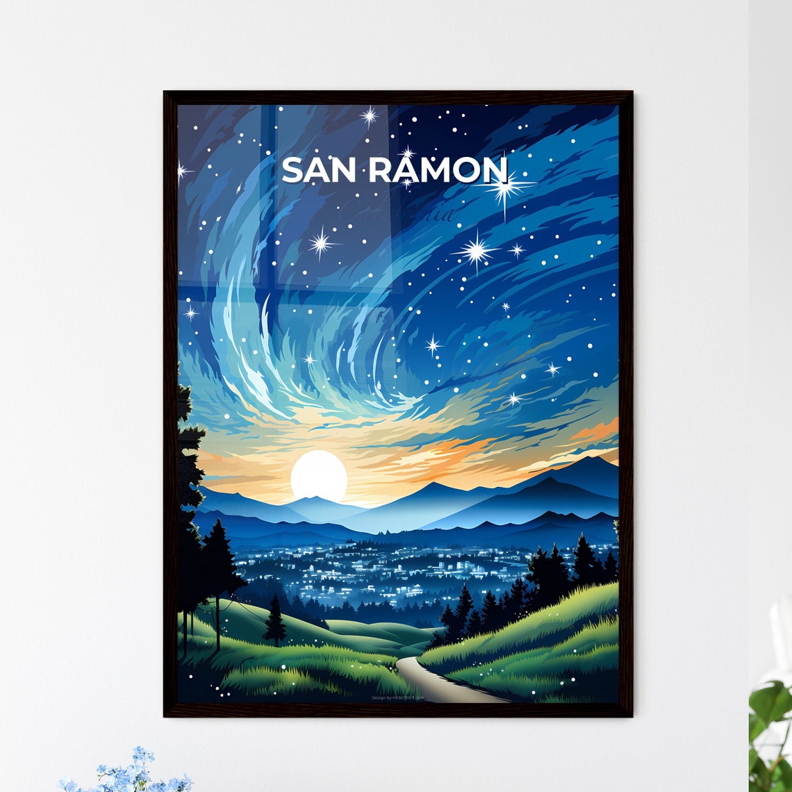 San Ramon California Starry Night Hills Moonlight Travel Poster