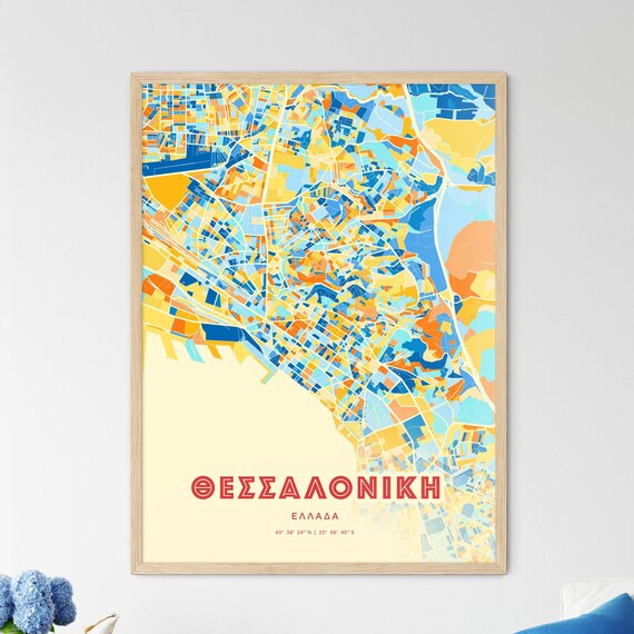 Thessaloniki Greece Colorful Blue Orange City Map Art Poster
