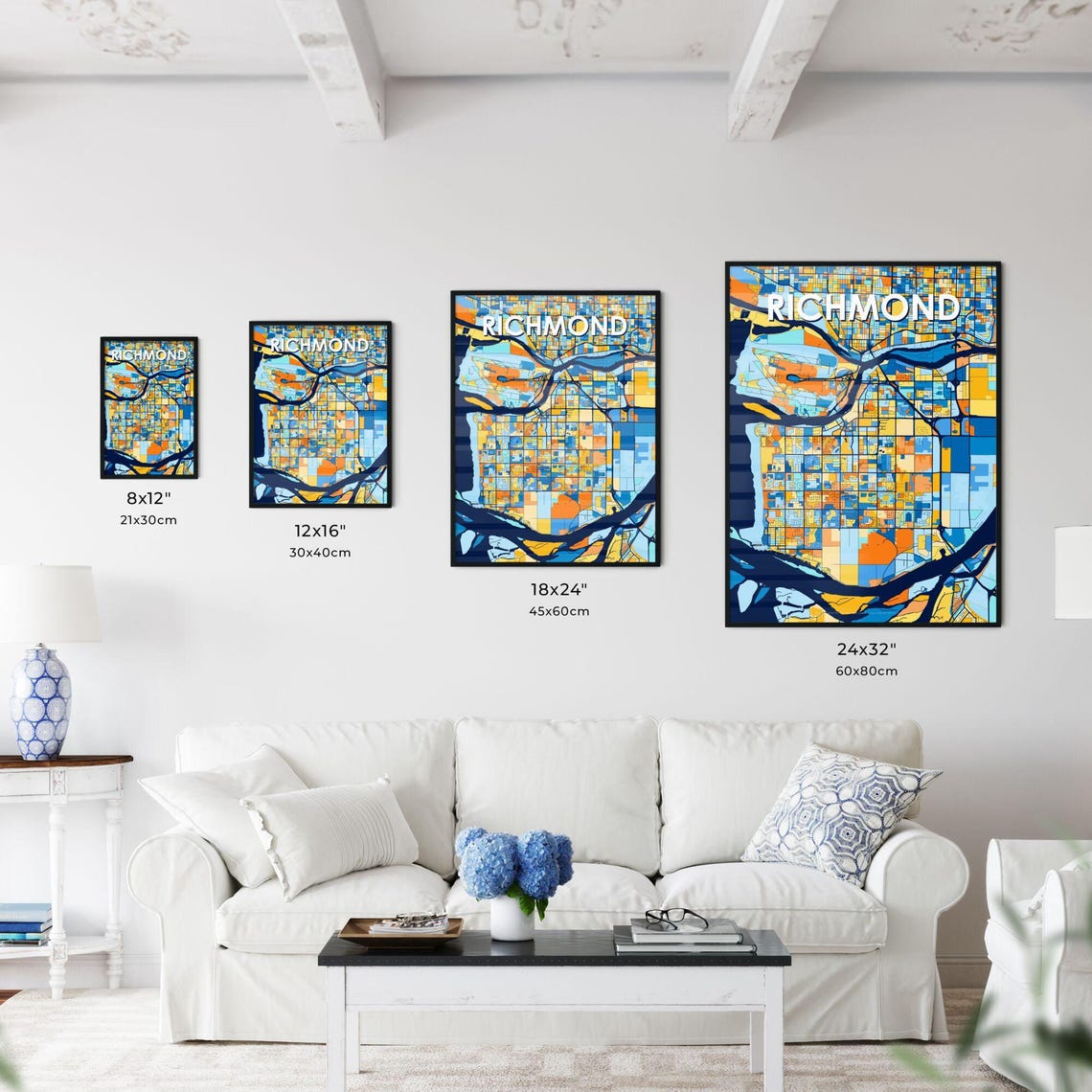 Richmond Canada Bold City Map Art Poster in Navy Orange and Yellow - Image 3