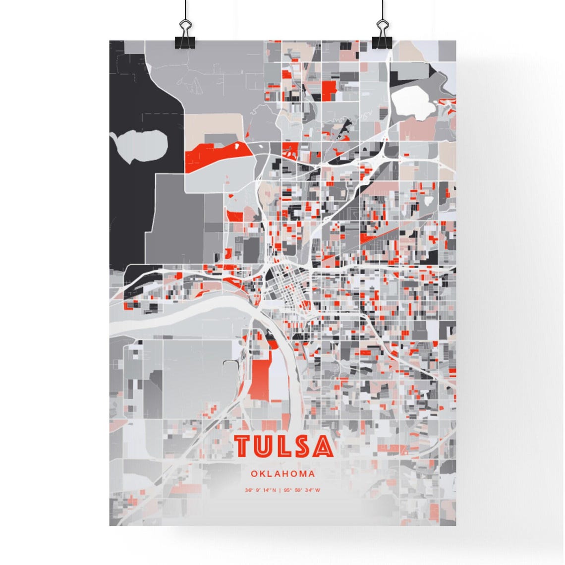 Tulsa Oklahoma Expressive Red and Black City Map Artwork Poster - Image 3