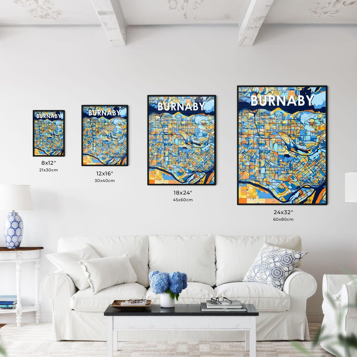 Burnaby Canada Bold City Map Art Poster in Navy Orange and Yellow - Image 3
