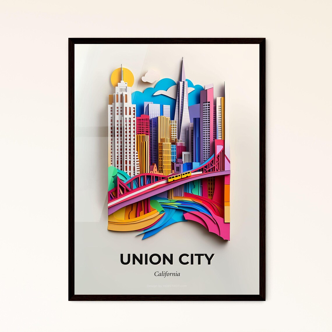 Union City California Skyline Bridge Colorful Paper Cut Poster