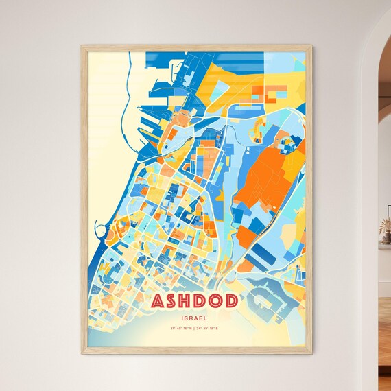 Ashdod Israel Bold Blue Orange Abstract City Map Fine Art Poster