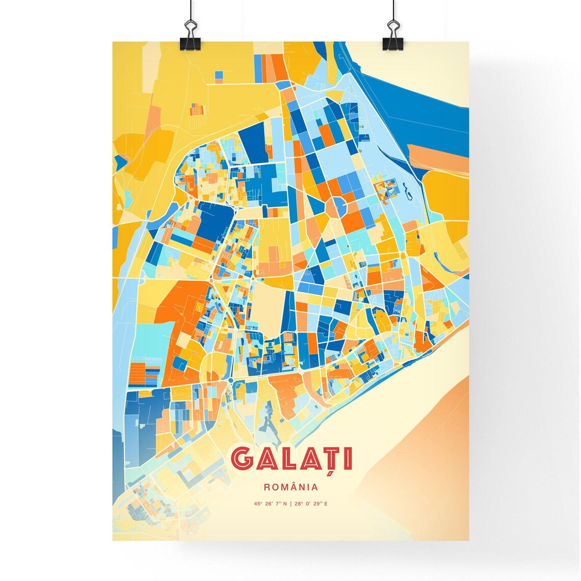 Galati Romania Colorful Blue Orange Danube City Map Art Print - Image 3