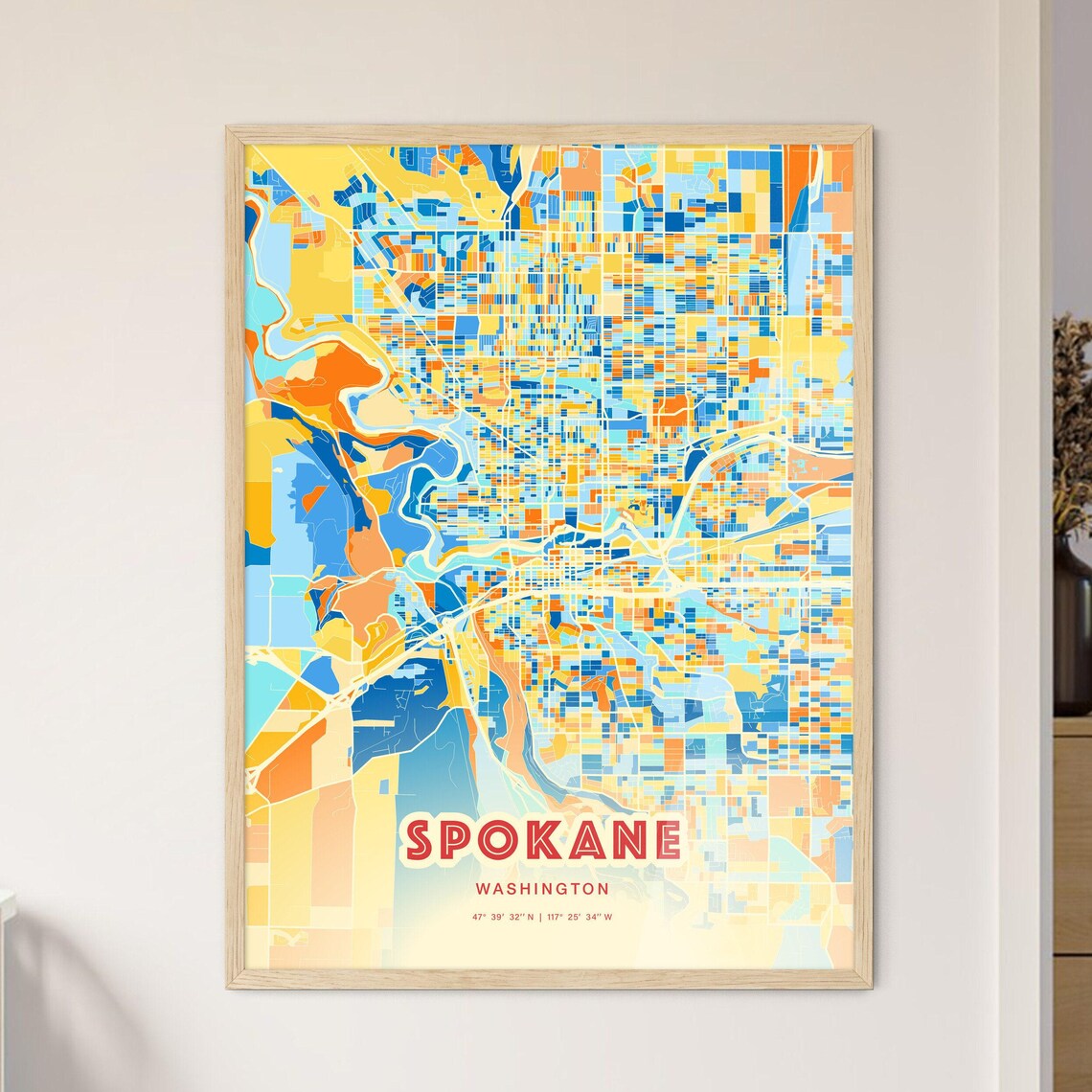 Spokane Washington City Map Art Poster Blue Orange Street Style