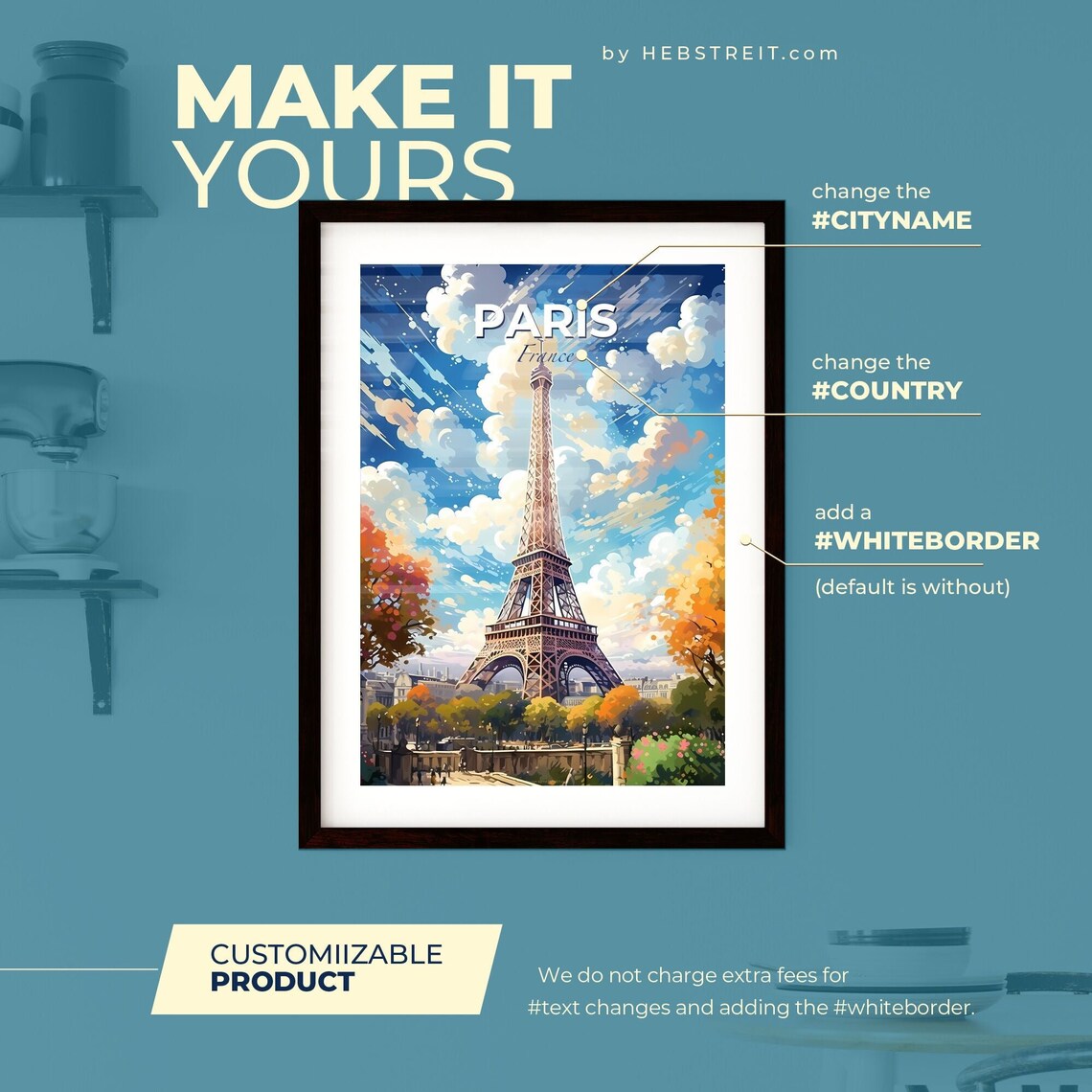 Paris France Poster Eiffel Tower Illustrated Autumn Travel Skyline Art - Image 2