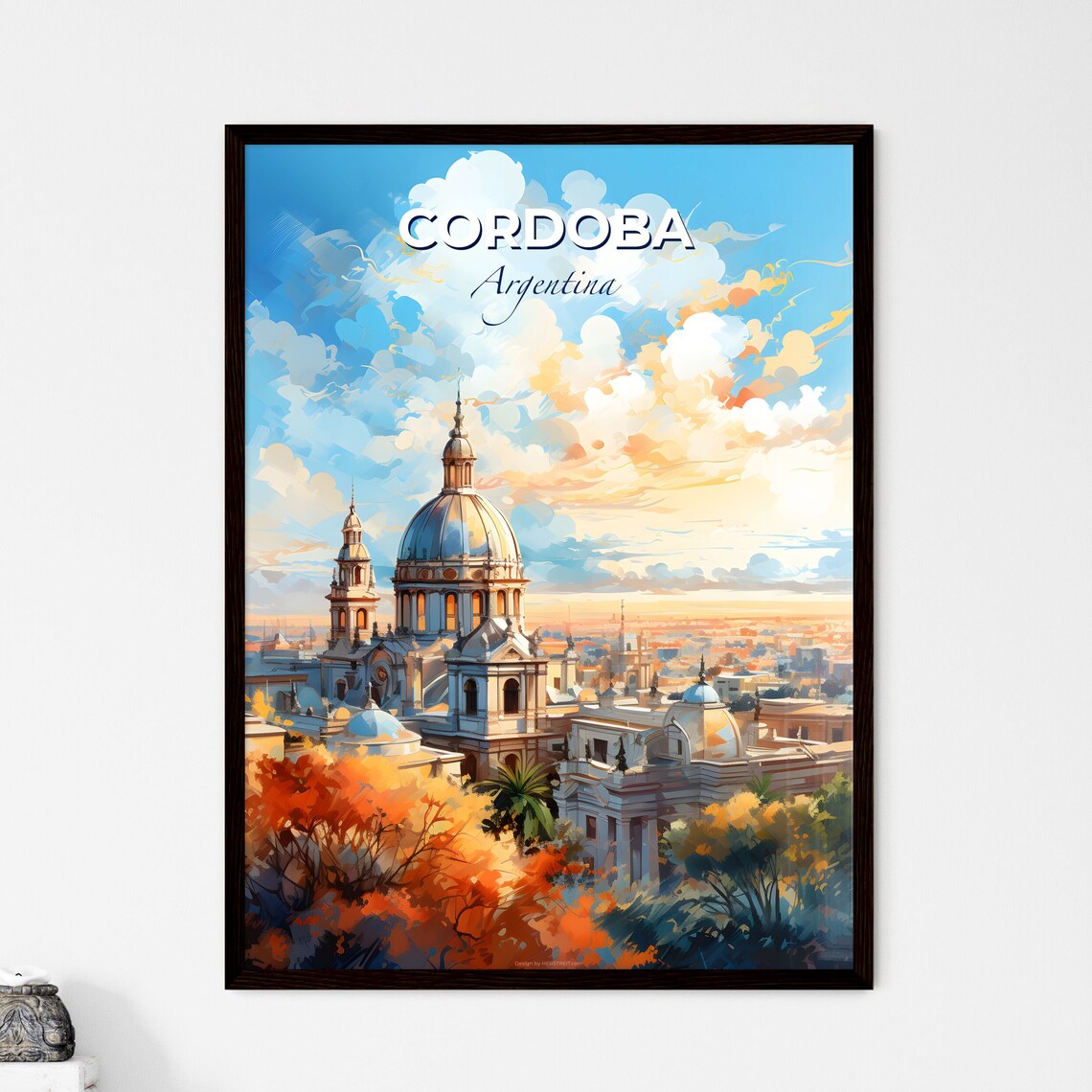 Cordoba Argentina Travel Poster With Grand Cathedral Dome And Golden Sky