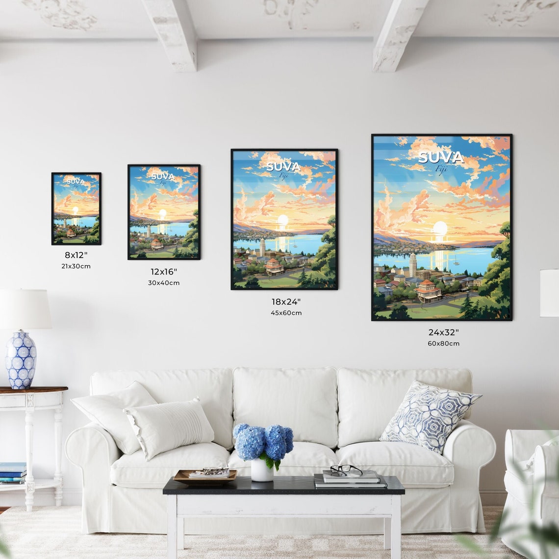 Suva Fiji Pacific Sunset over the Harbor with Hillside Homes Poster - Image 3