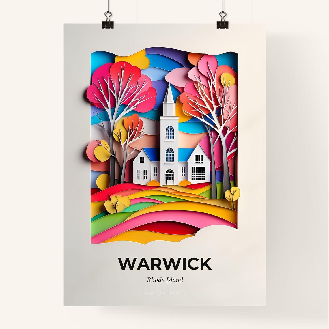 Warwick Rhode Island Colorful Paper Cut Church Autumn Travel Poster - Image 4