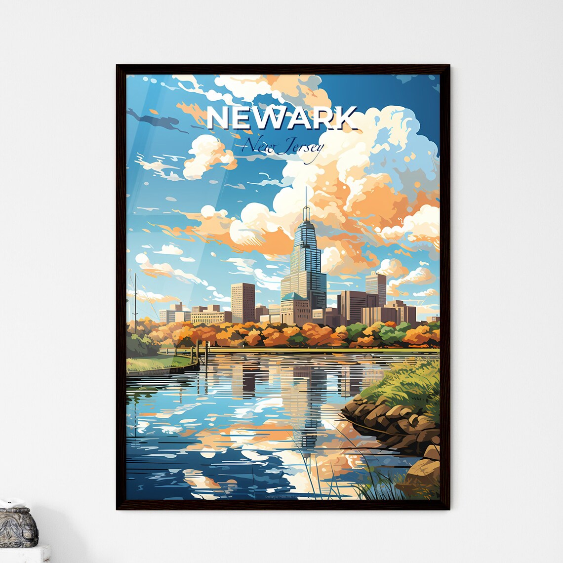 Newark New Jersey Riverfront Skyline Watercolor Travel Art Poster