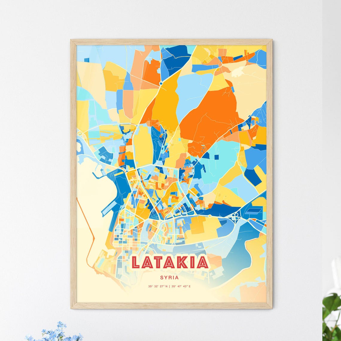 Latakia Syria Elegant Pastel Blue and Orange Fine Art Map Print