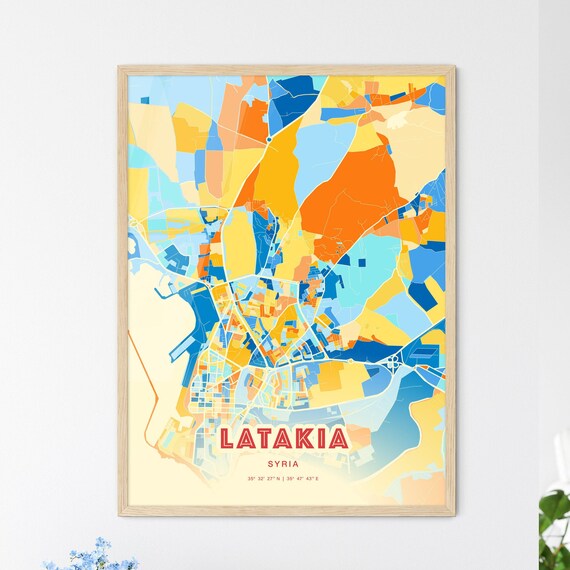 Latakia Syria Elegant Pastel Blue and Orange Fine Art Map Print