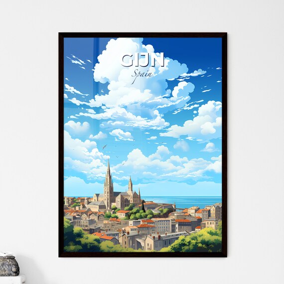 Gijon Spain Coastal City Cathedral Sea Sunny Travel View Poster