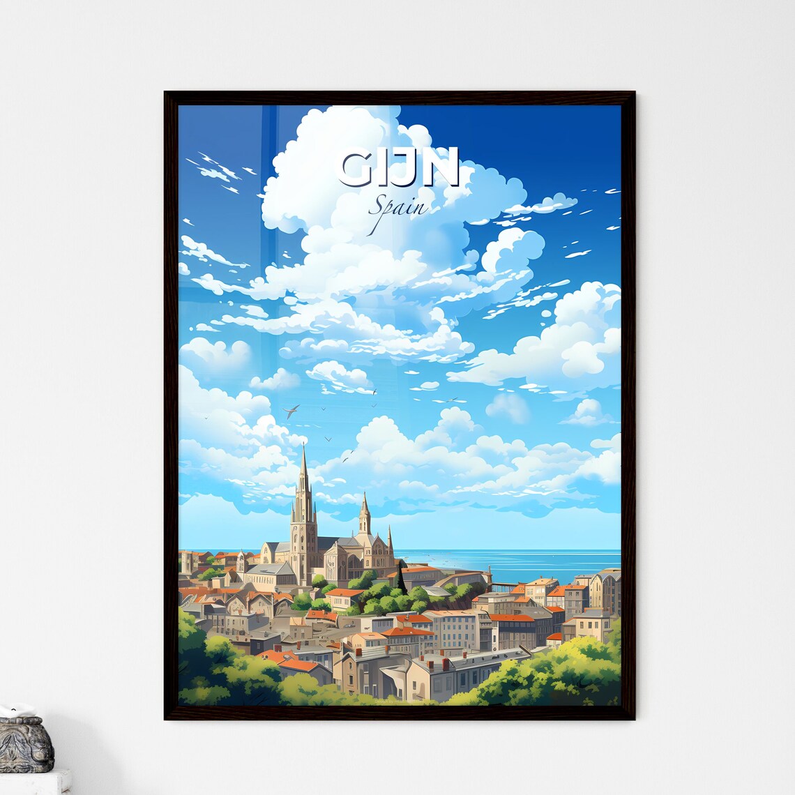 Gijon Spain Coastal City Cathedral Sea Sunny Travel View Poster