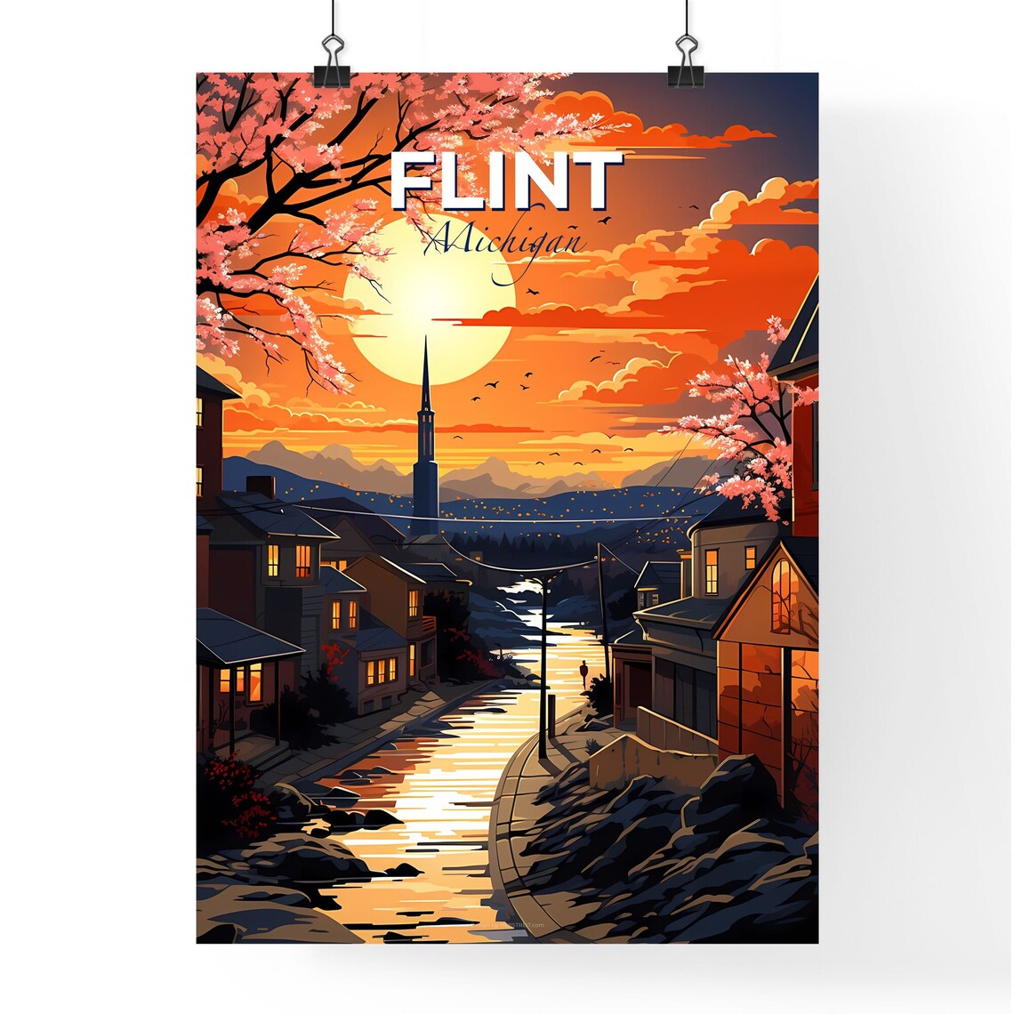 Flint Michigan Sunset River Street Blossom Town View Travel Poster - Image 4