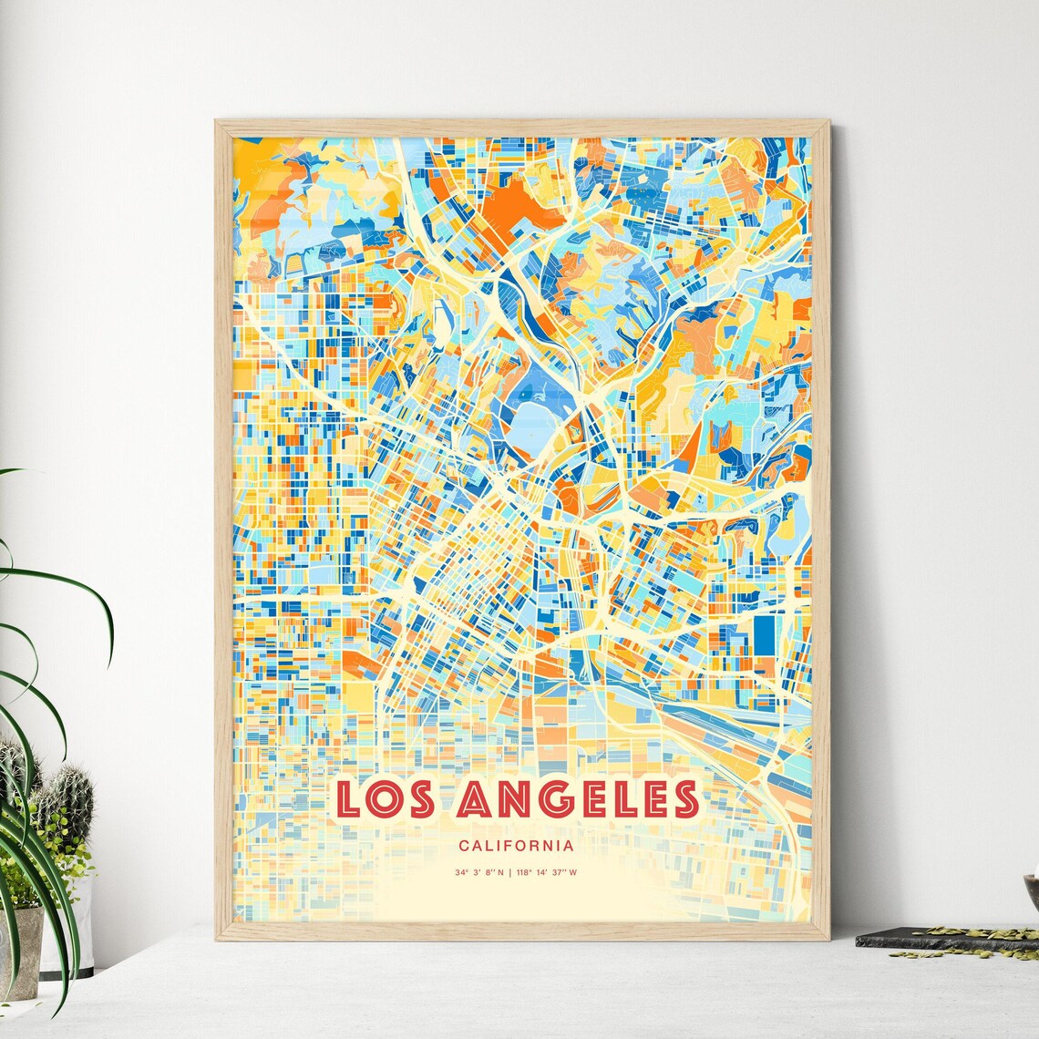 Los Angeles California Colorful Blue Orange City Map Art Poster