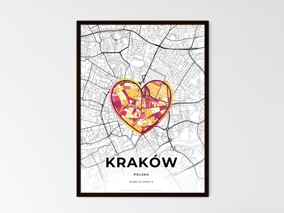 Krakow Poland Minimalist Line Art Heart Shaped City Map Poster
