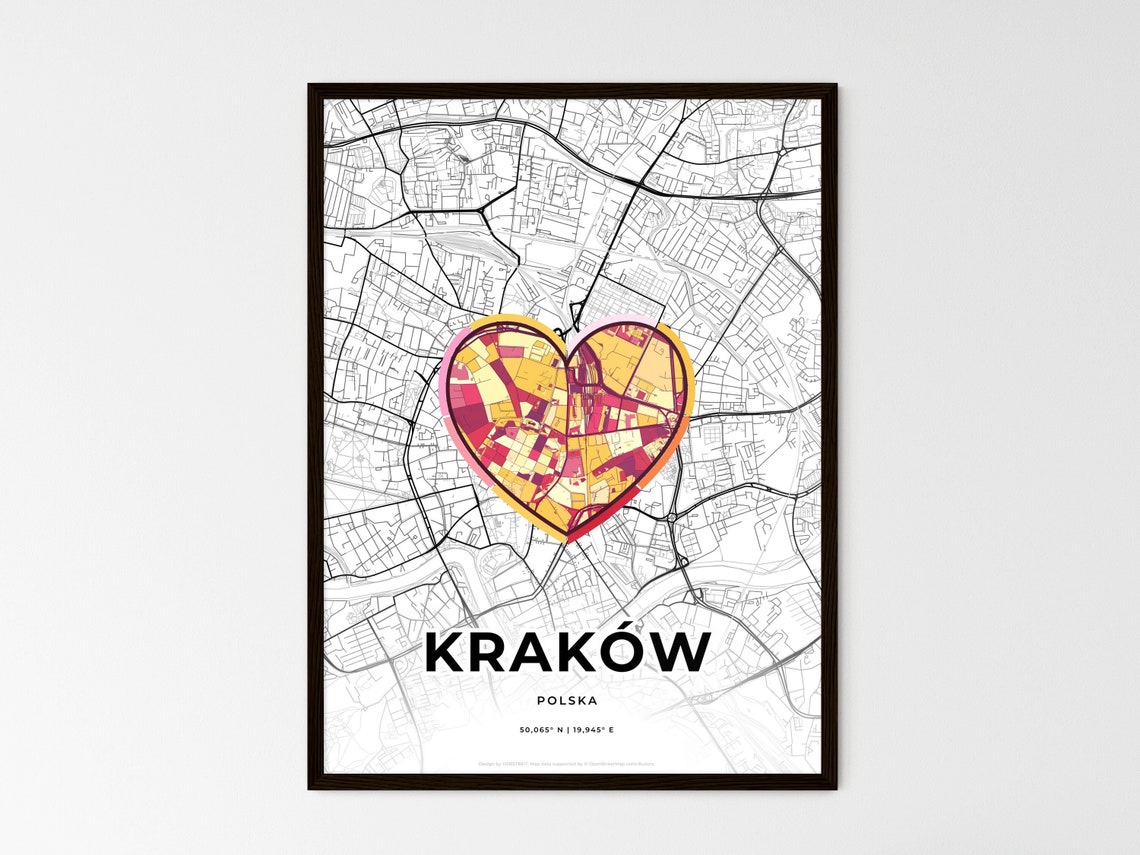 Krakow Poland Minimalist Line Art Heart Shaped City Map Poster