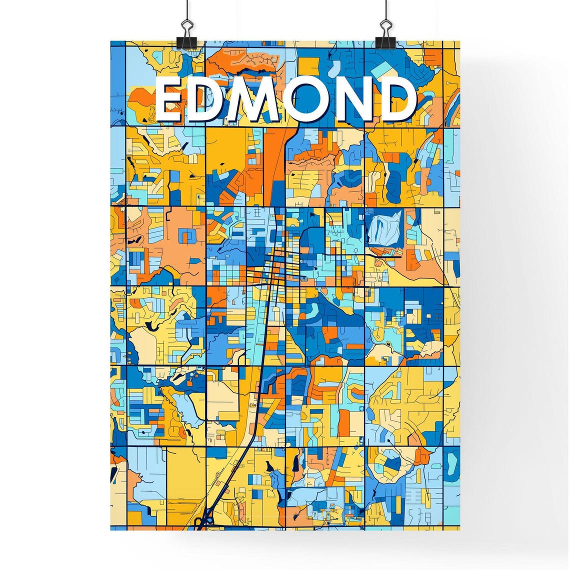 Edmond Oklahoma Bright Bold Blue and Orange City Map Decor Poster - Image 4