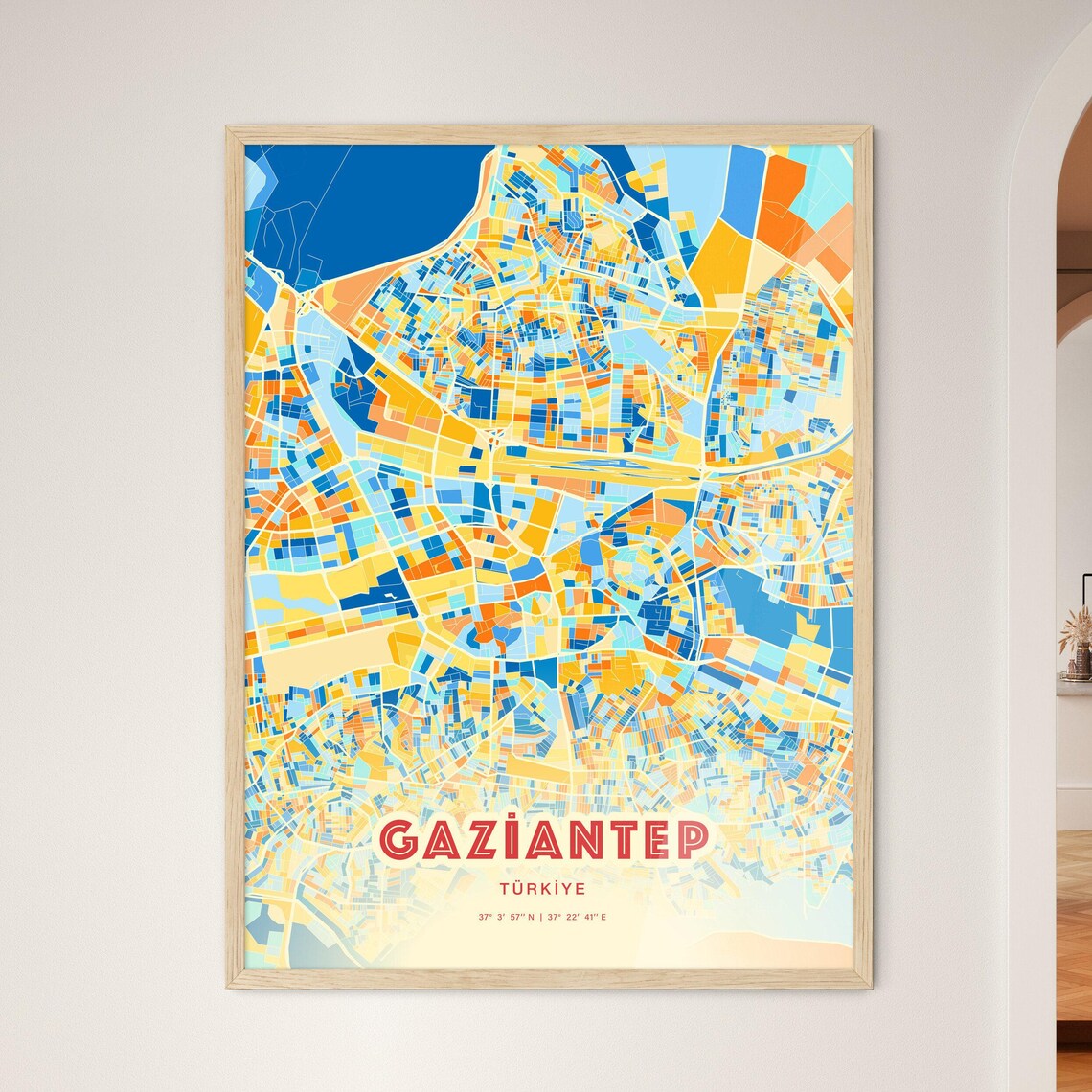 Gaziantep Turkey Colorful Blue and Orange Retro City Street Map Wall Art - Image 3