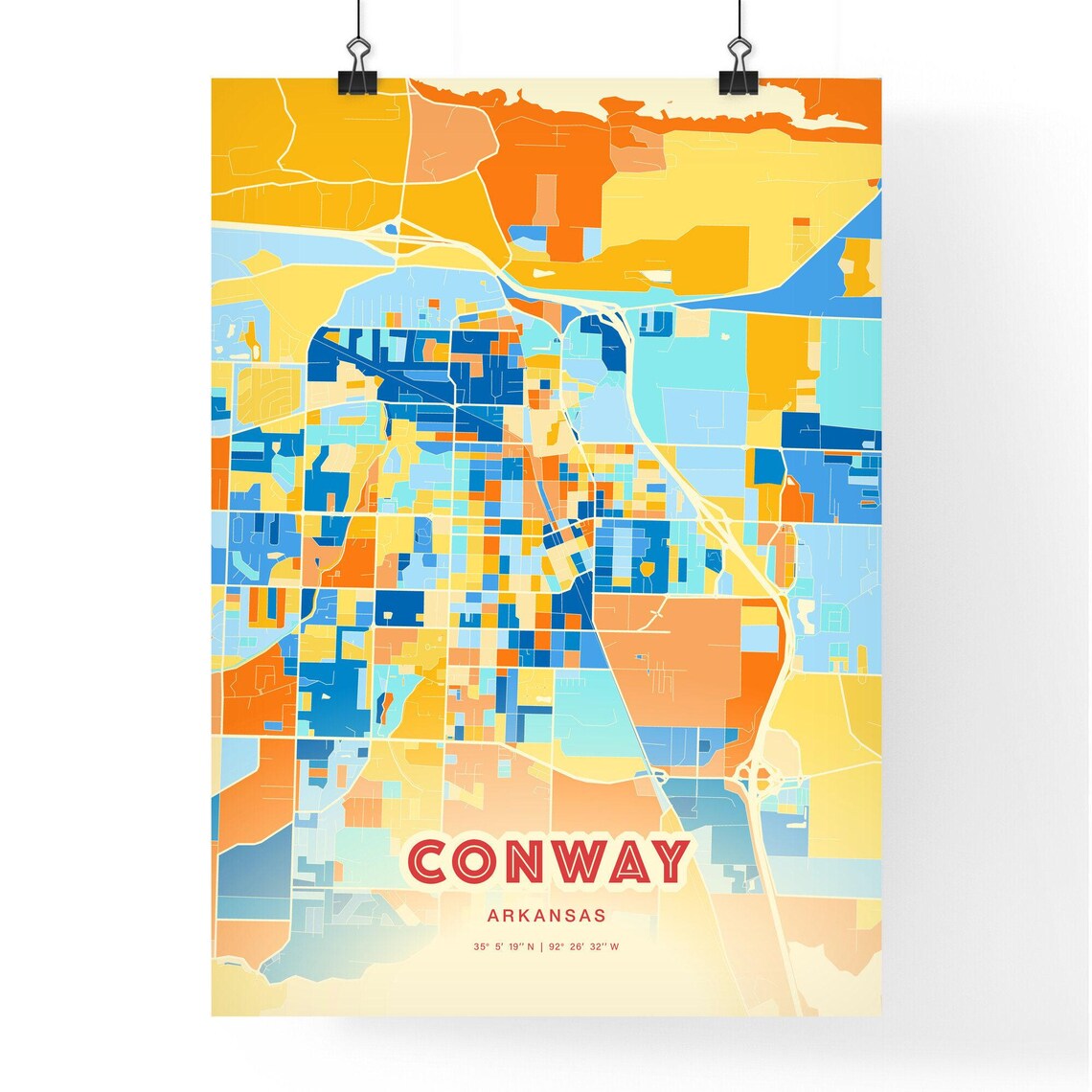 Conway Arkansas Colorful Blue and Orange Retro City Street Map Wall Art