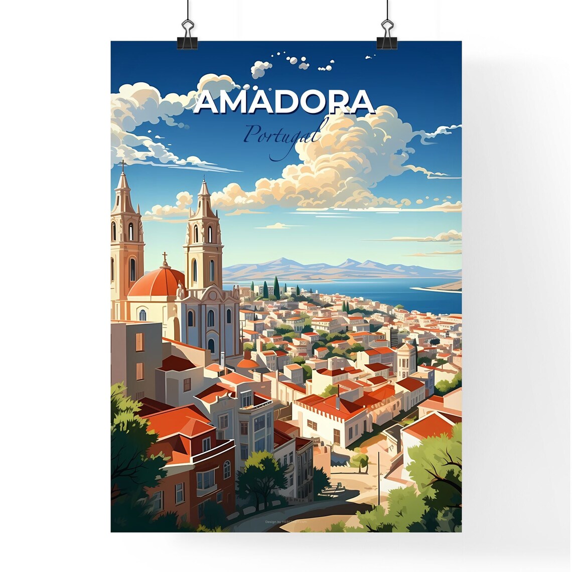 Amadora Portugal Red Roof City Bay View Vintage Travel Poster - Image 4