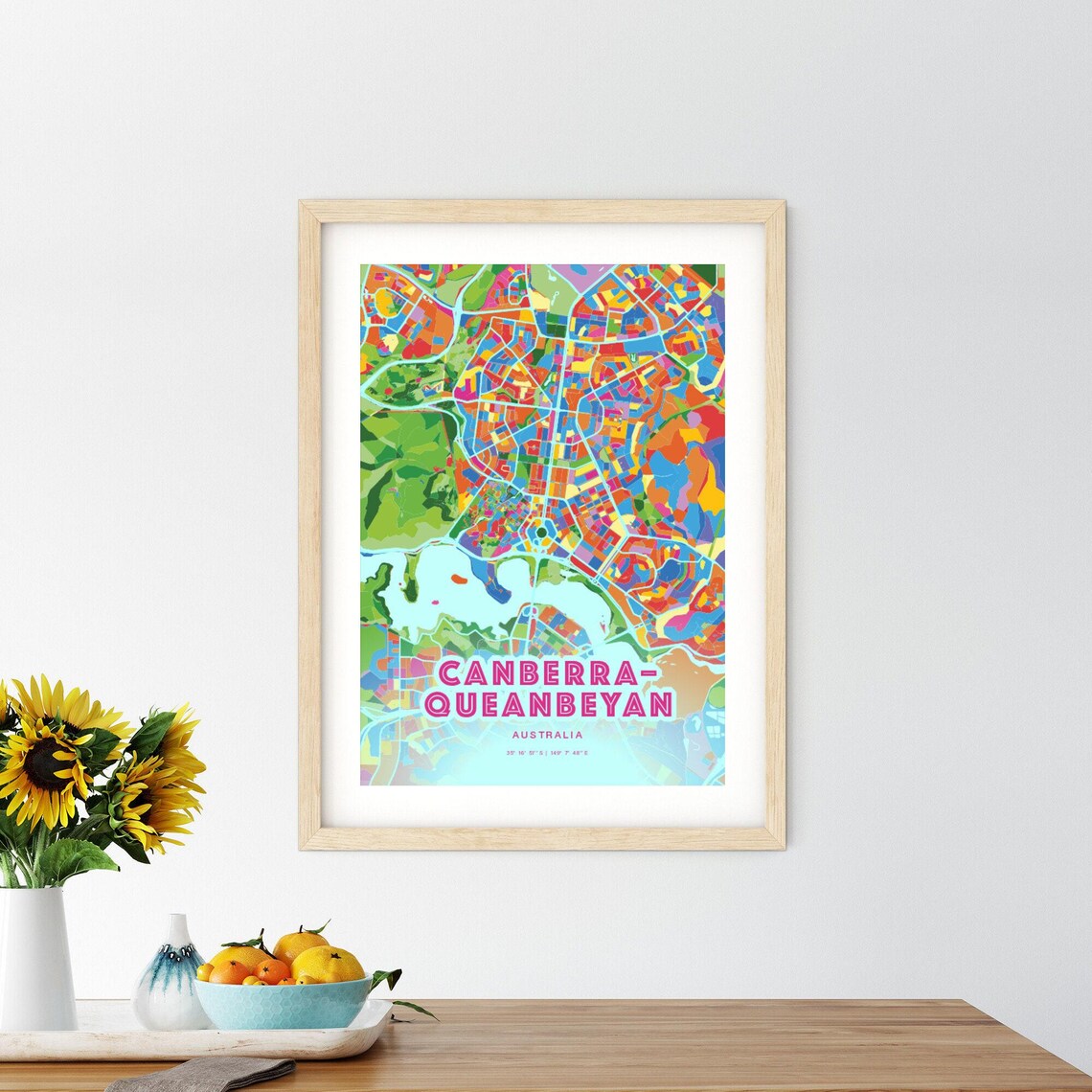 Queanbeyan Australia Colorful City Map Art Poster in Pink and Turquoise - Image 2