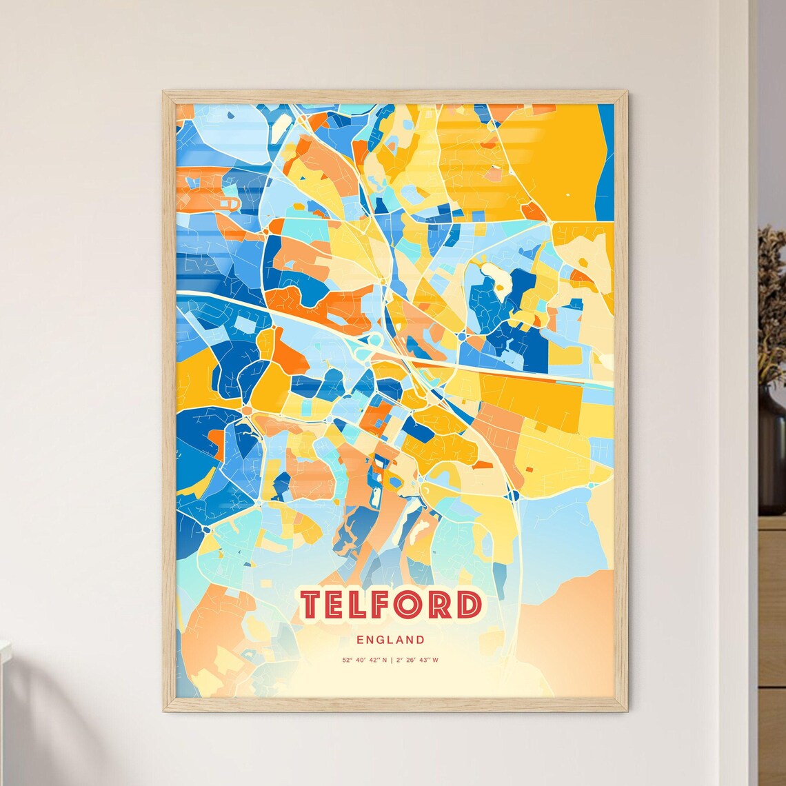 Telford England Colorful Blue Orange Modern City Street Map Poster