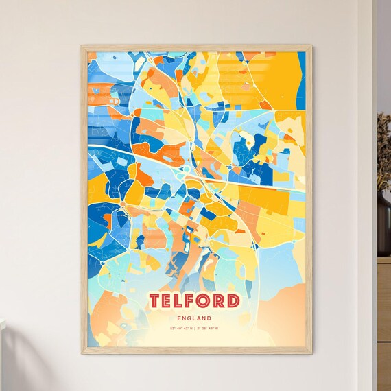 Telford England Colorful Blue Orange Modern City Street Map Poster