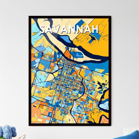 Savannah Georgia Colorful Blue Orange City Map Mosaic Poster