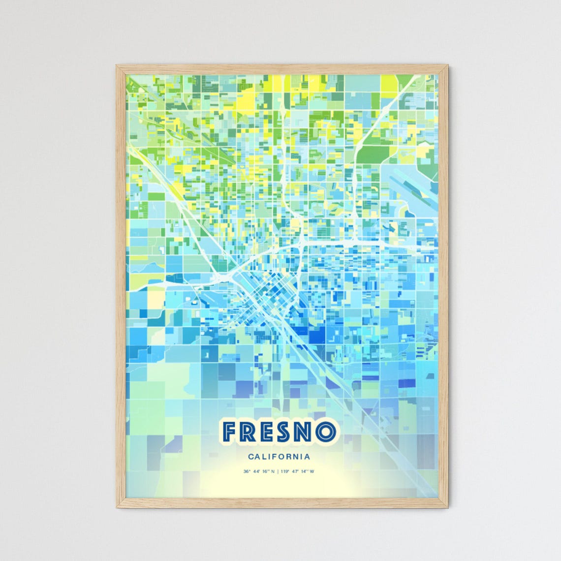 Fresno California Bluish Gradient City Map Art Poster Customizable