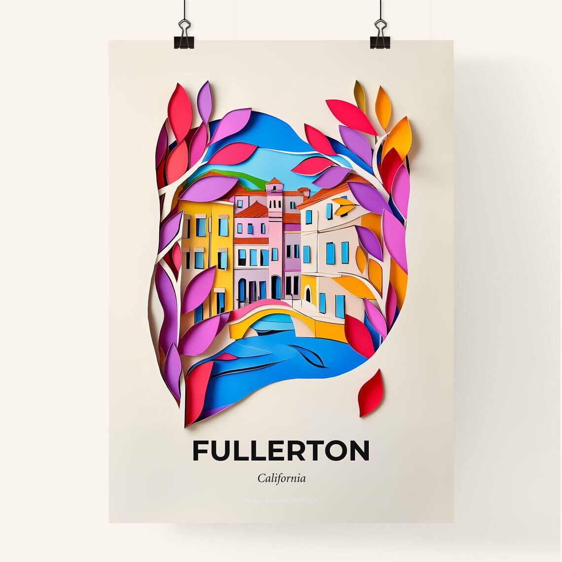 Fullerton California Colorful Paper Cut Riverside Buildings Poster - Image 4